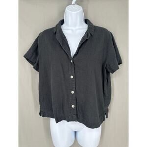 Universal Thread Top Womens Medium Gray Linen Button Boxy Short Sleeve
